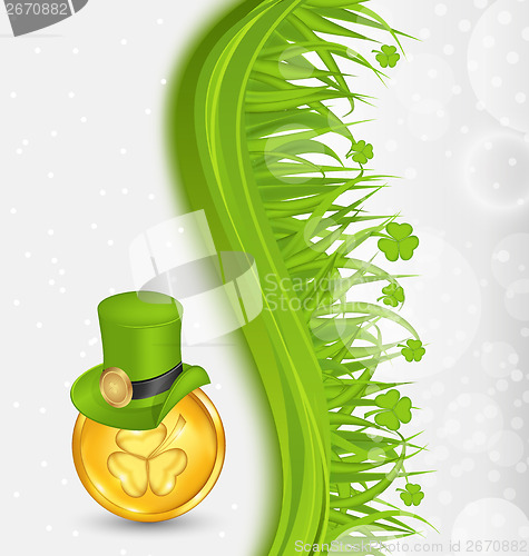 Image of Natural background with coin, hat, shamrocks, grass. St. Patrick