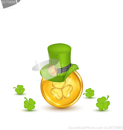 Image of Background with hat, clovers and coins in saint Patrick Day