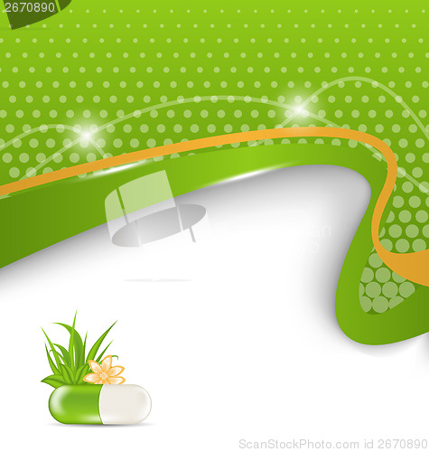 Image of background for medical theme with green pill, flower, leaves, gr