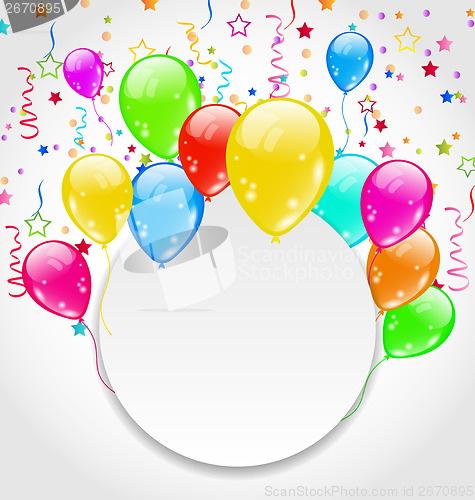 Image of Birthday invitation with multicolored balloons and confett