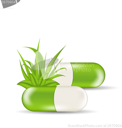 Image of Natural medical pills with green leaves and grass, isolated on w