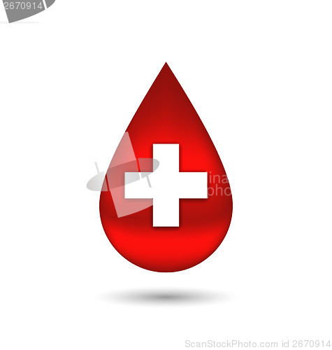 Image of Red blood drop with cross, isolated on white background