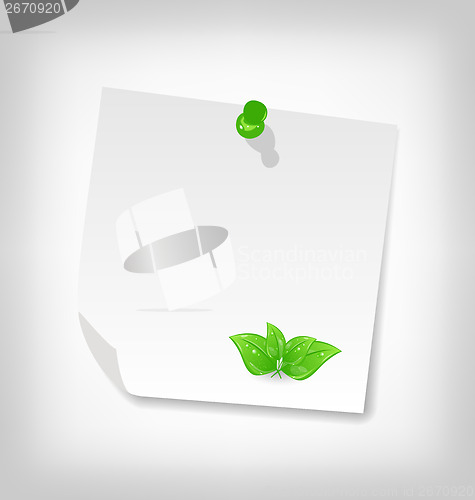 Image of blank note paper with green leaves, isolated on white background