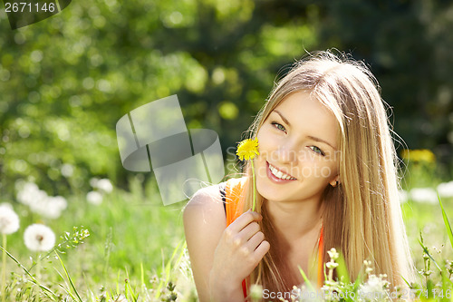 Image of Spring girl lying on the field of dandelions