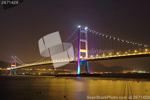Image of Suspension bridge in Hong Kong at night