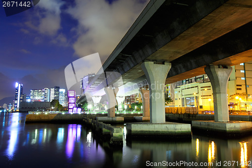 Image of Bottom view of viaduct in city