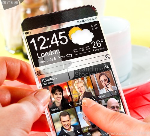 Image of Smartphone with transparent screen in human hands.