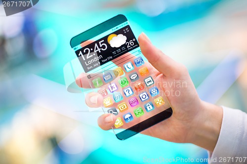 Image of Smartphone with transparent screen in human hands.