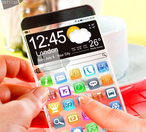 Image of Smartphone with transparent screen in human hands.