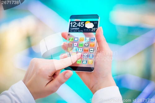 Image of Smartphone with transparent screen in human hands.