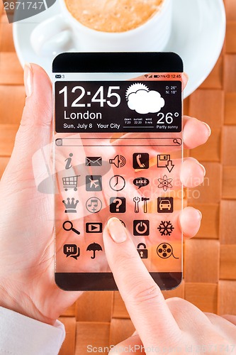 Image of Smartphone with transparent screen in human hands.