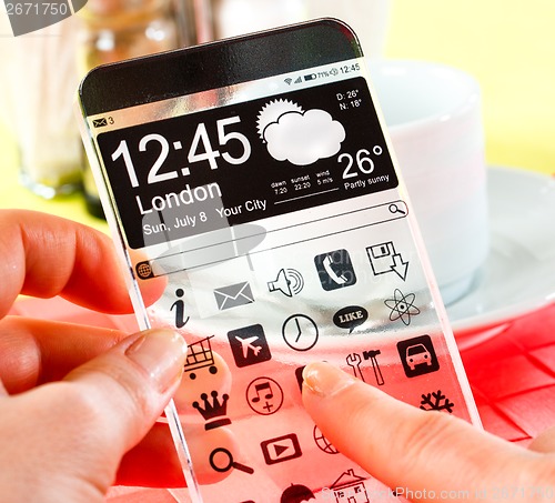 Image of Smartphone with transparent screen in human hands.