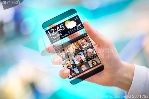 Image of Smartphone with transparent screen in human hands.