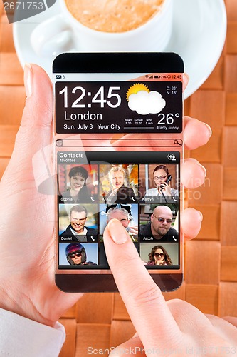 Image of Smartphone with transparent screen in human hands.