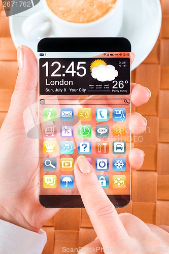 Image of Smartphone with transparent screen in human hands.