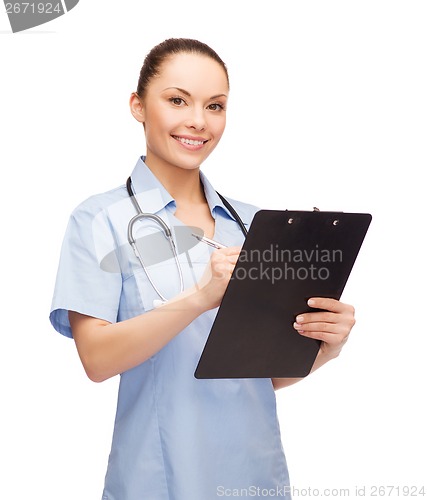 Image of smiling female doctor or nurse with stethoscope