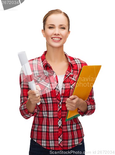 Image of smiling woman with diploma and folders