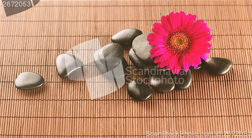 Image of massage stones with flower on mat