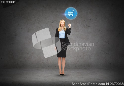 Image of attractive young businesswoman with her finger up