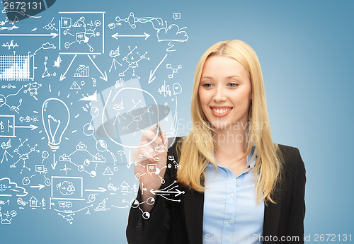 Image of smiling businesswoman drawing big plan in the air