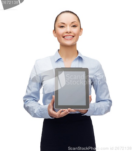 Image of businesswoman with blank black tablet pc screen