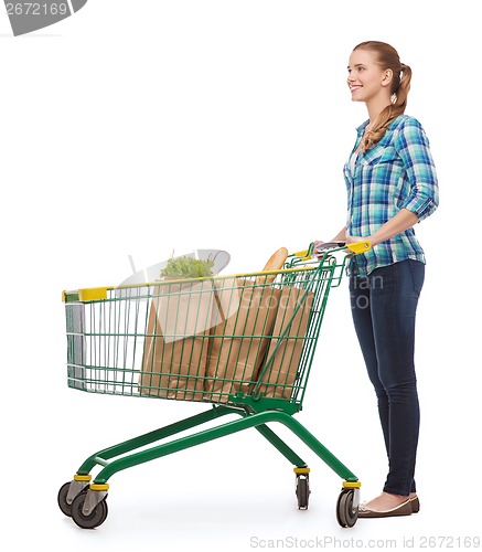 Image of smiling young woman with shopping cart and food