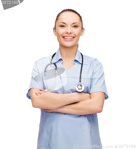 Image of smiling female doctor or nurse with stethoscope