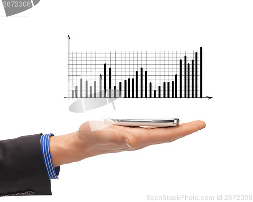 Image of close up of man hand with smartphone and chart