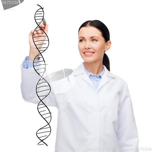 Image of female doctor drawing dna molecule in the air
