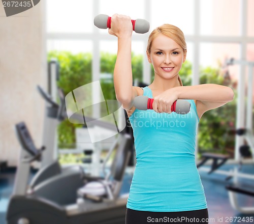 Image of young sporty woman with light dumbbells