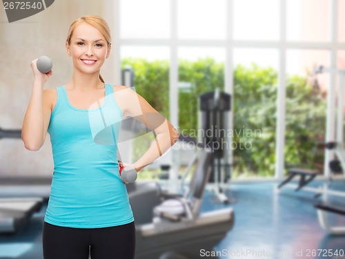Image of young sporty woman with light dumbbells
