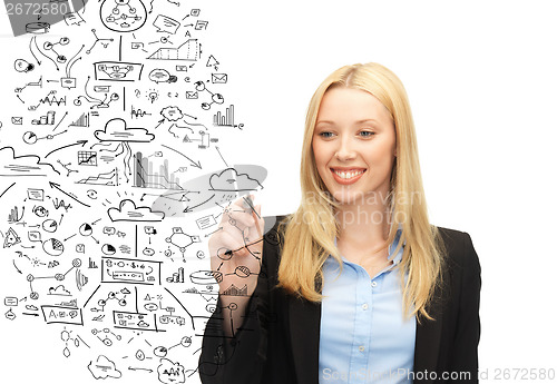 Image of smiling businesswoman drawing big plan in the air