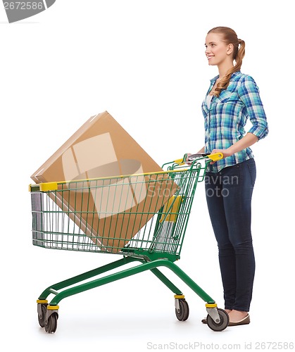 Image of smiling young woman with shopping cart