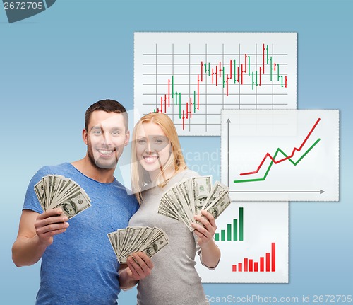 Image of smiling couple holding dollar cash money