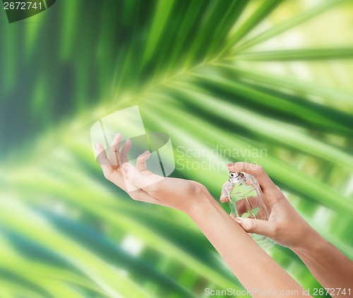 Image of woman hands spraying perfume