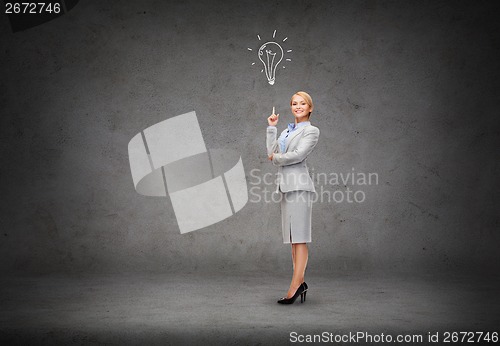 Image of attractive young businesswoman with her finger up