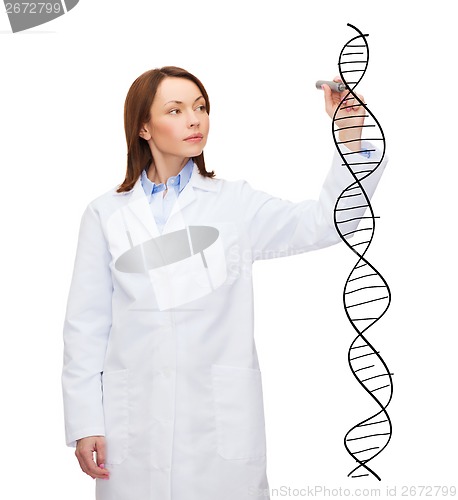 Image of young female doctor writing dna molecule