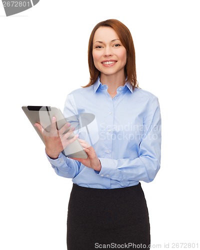 Image of smiling woman looking at tablet pc