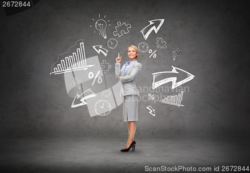 Image of attractive young businesswoman with her finger up