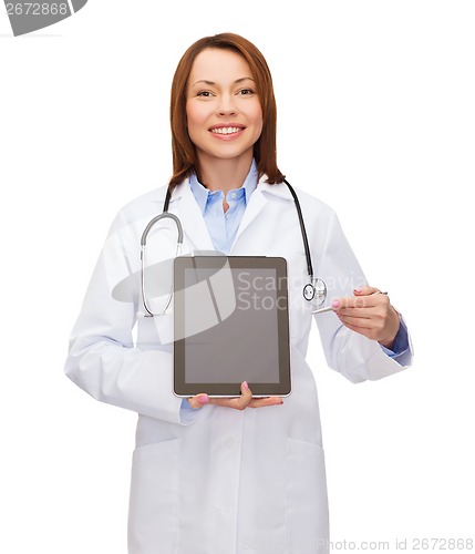 Image of doctor with stethoscope and blank tablet pc screen