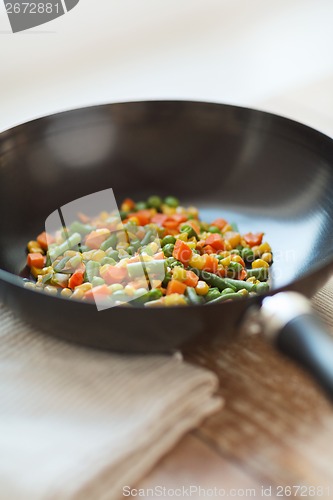 Image of close up of wok pan with vegetables