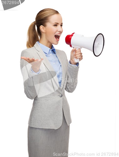 Image of smiling businesswoman with megaphone