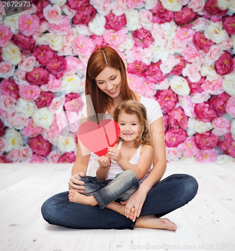 Image of happy mother with adorable little girl and heart