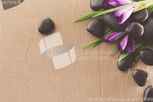 Image of massage stones with flowers on mat