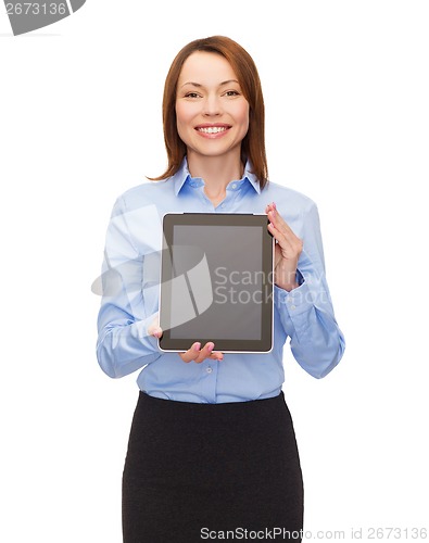 Image of smiling woman with blank tablet pc computer screen