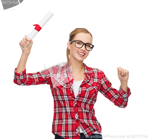 Image of smiling woman in eyeglasses with diploma