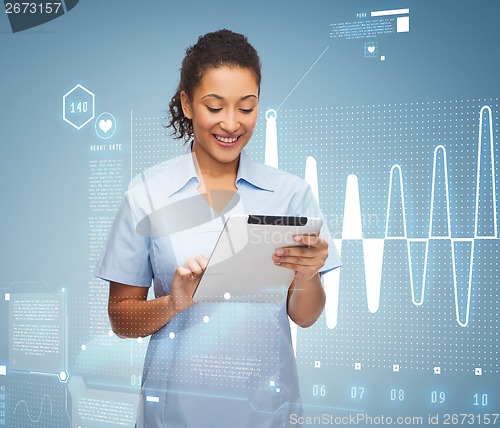 Image of smiling black doctor or nurse with tablet pc