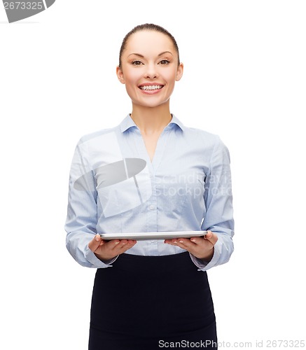 Image of young businesswoman with blank tablet pc screen