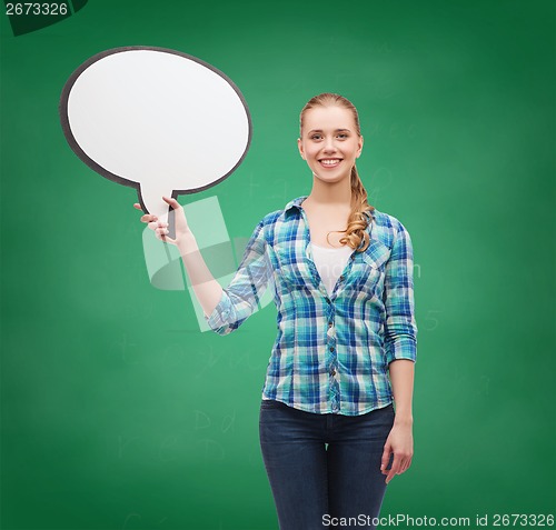 Image of smiling young woman with blank text bubble