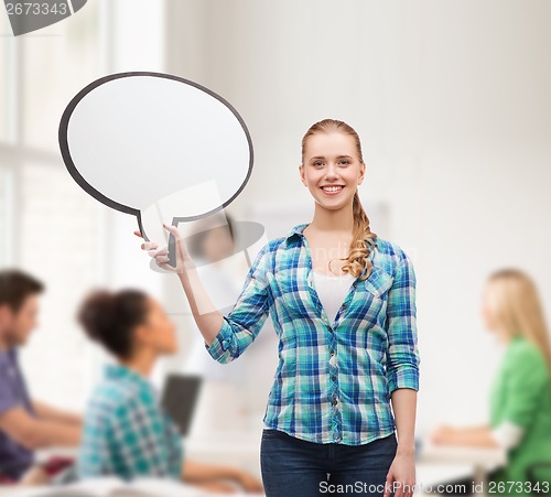 Image of smiling young woman with blank text bubble